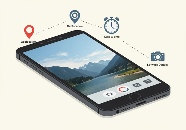 Smartphone displaying photo with EXIF data icons.