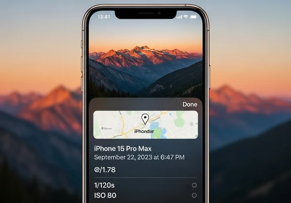 iPhone Photos app showing image details with map and camera info