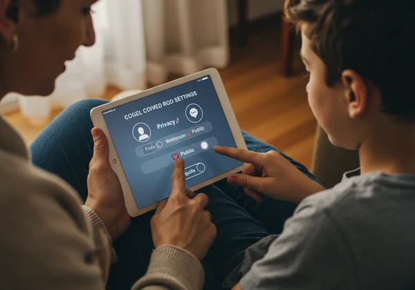 Parent and child discussing online privacy settings on a tablet