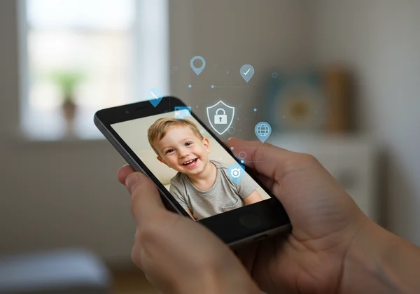 Smartphone screen with family photo and data privacy icons