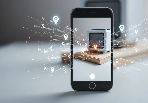 Смартфон, фотографирующий предмет, показывающий риск конфиденциальности скрытых данных