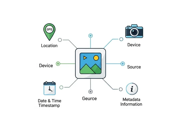 Инфографика, показывающая типы метаданных фотографий: GPS, устройство, время