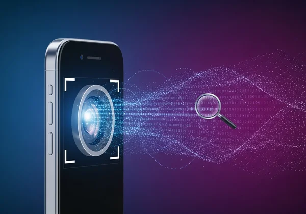 A magnifying glass revealing hidden data within a photo icon