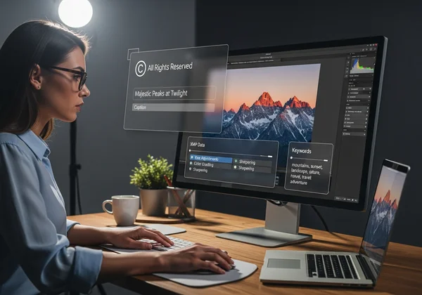 Photographer adding copyright metadata to images on a screen