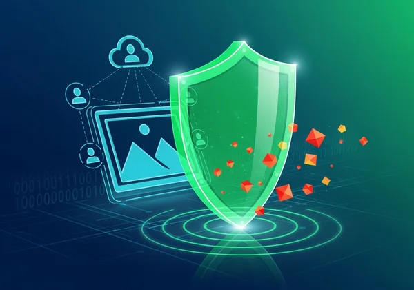 Shield protecting a photo shared online, metadata removed